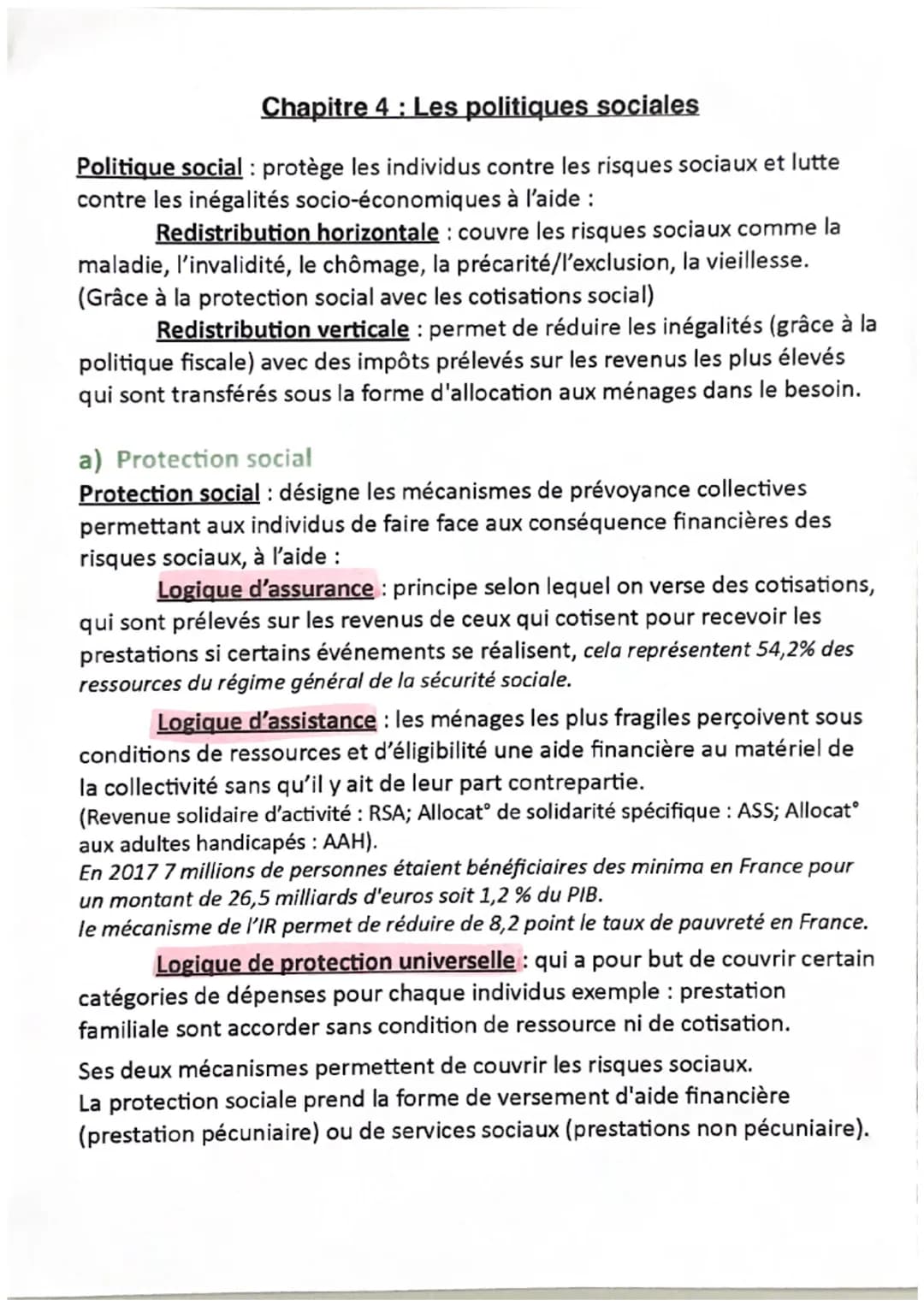 Chapitre 4 : Les politiques sociales
Politique social : protège les individus contre les risques sociaux et lutte
contre les inégalités soci