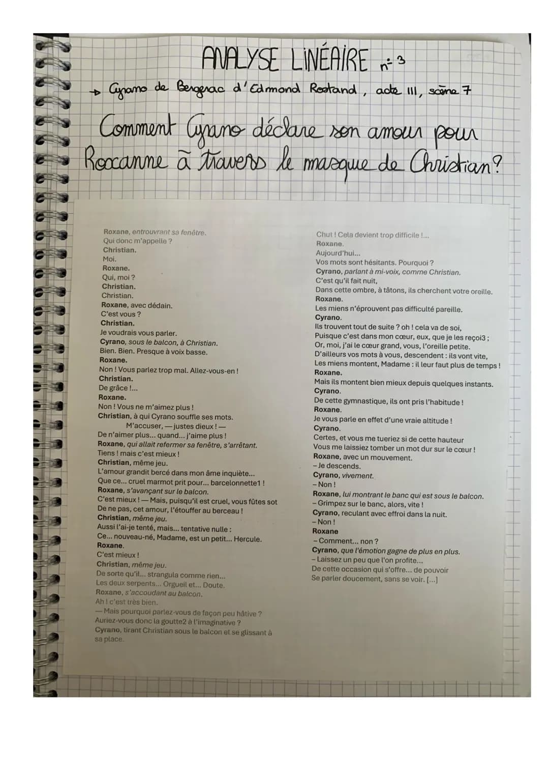 # ANALYSE LINÉAIRE n°3
→ Cyrano de Bergerac d'Edmond Rostand, acte III, scène 7
Comment Cyrano déclare son amour pour
Roxanne à travers le m