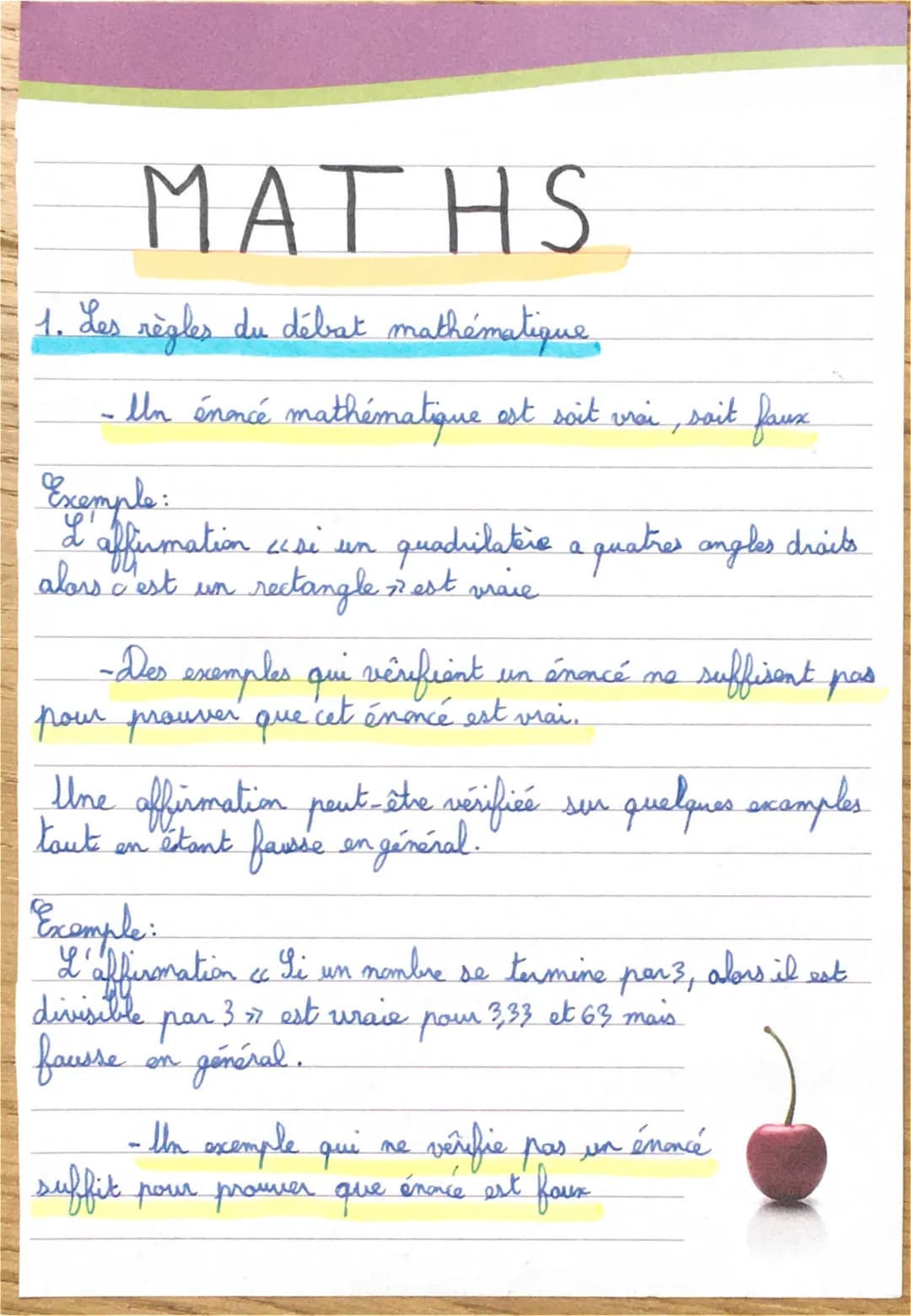 MATHS
1. Les règles du débat mathématique,
- Un énoncé mathématique est soit vrai, soit faux
Exemple:
I affirmation usi un
alors c'est un
qu