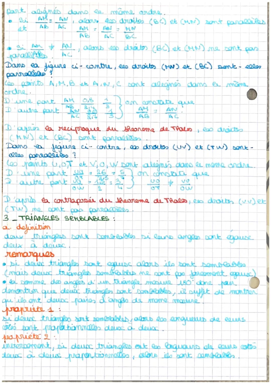 THEOREME DE THALES-TRIANGLES
1- THEOREME DE THALES:
2. theoreme
alors.
si les points A, B, M et A. C. N sont alignés AM AN
et si les droites