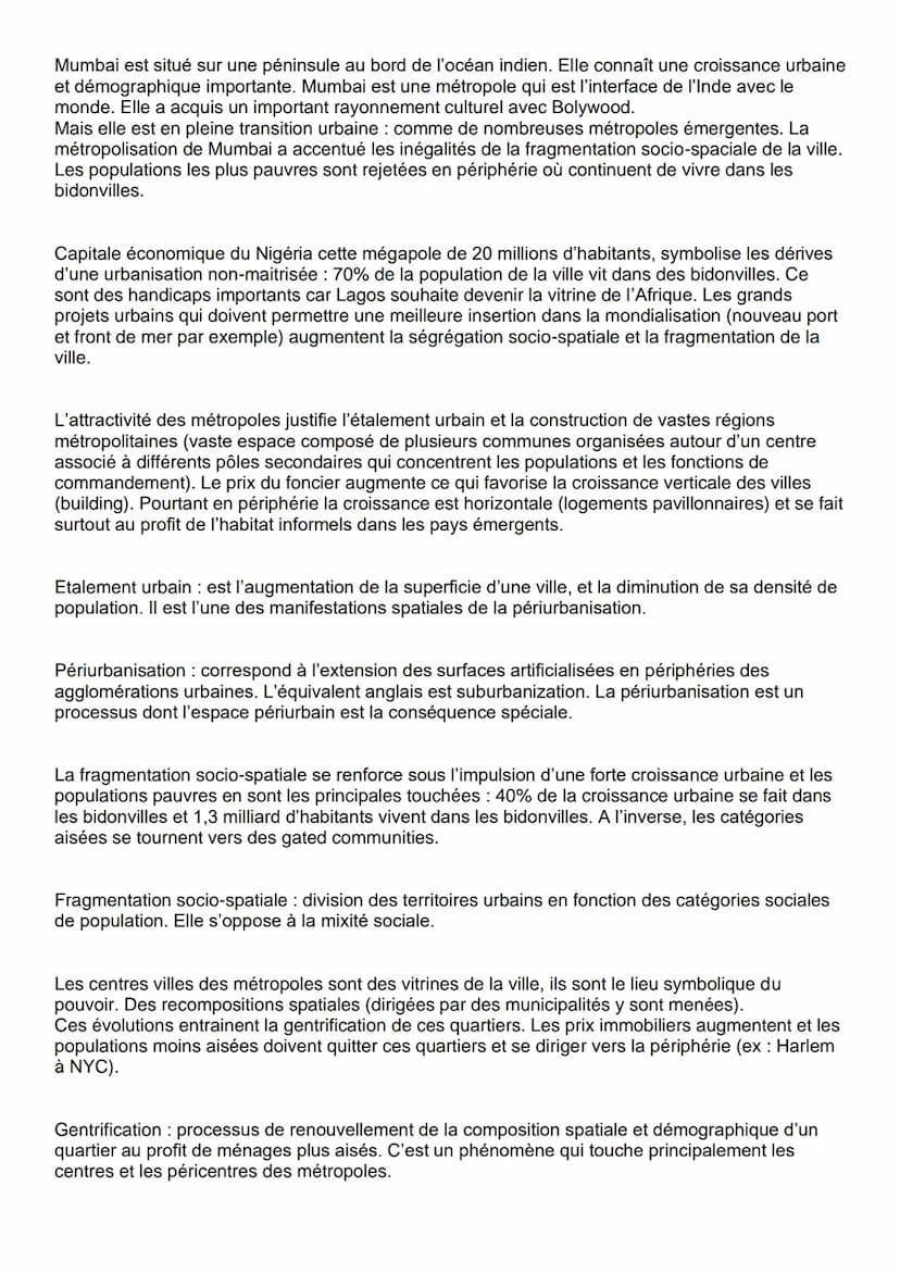Thème 1: la métropolisation, un processus mondial différencié
Depuis 2007, plus de la moitié de la population mondial vit en ville. L'urbani