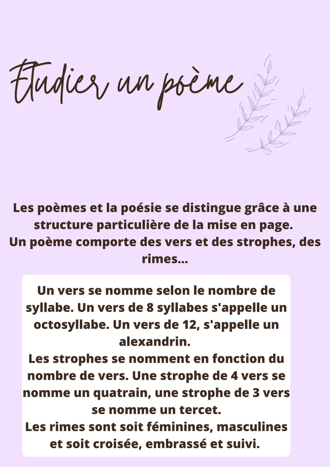 Fudier un poème
201
Les poèmes et la poésie se distingue grâce à une
structure particulière de la mise en page.
Un poème comporte des vers e