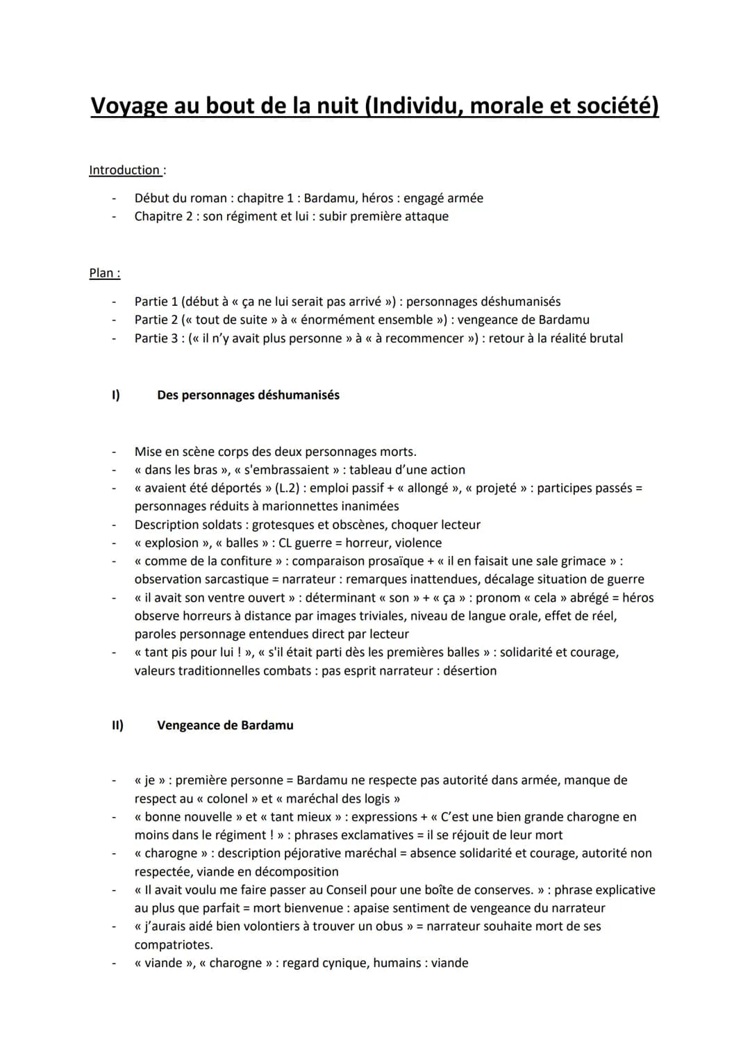 Voyage au bout de la nuit (Individu, morale et société)
Introduction :
Plan :
1)
II)
Début du roman : chapitre 1 : Bardamu, héros : engagé a