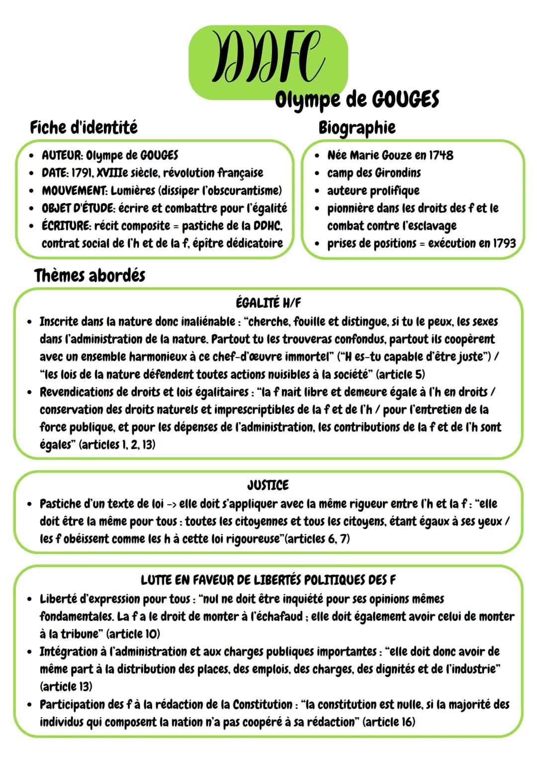 Fiche d'identité
• AUTEUR: Olympe de GOUGES
DD FC
Olympe de GOUGES
Biographie
• DATE: 1791, XVIIIe siècle, révolution française
• MOUVEMENT: