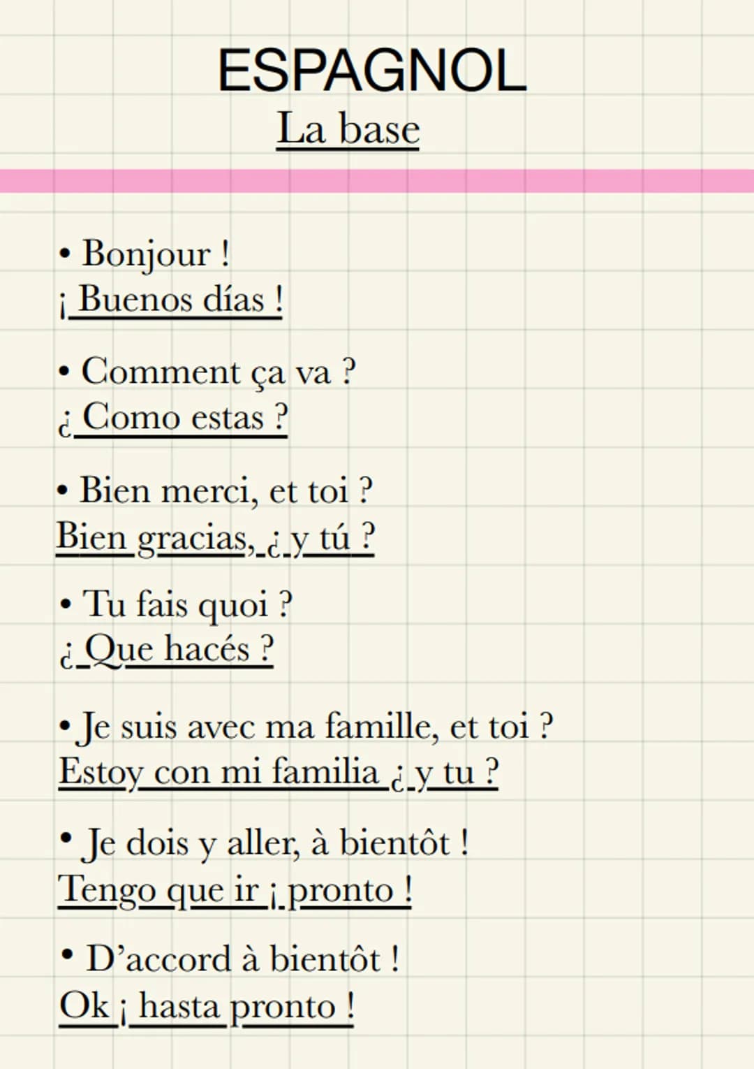 ESPAGNOL
La base
Bonjour !
Buenos días!
●
• Comment ça va ?
¿Como estas?
Bien merci, et toi?
Bien gracias, ¿y tú ?
Tu fais quoi ?
¿Que hacés