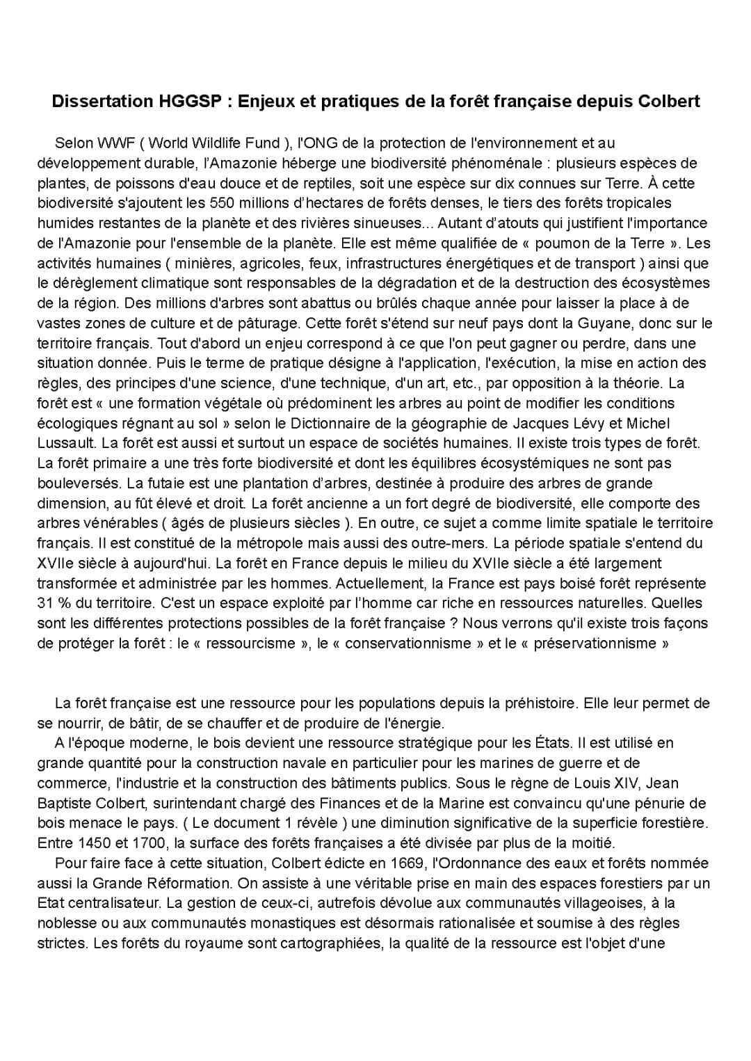Dissertation HGGSP : La forêt française depuis Colbert