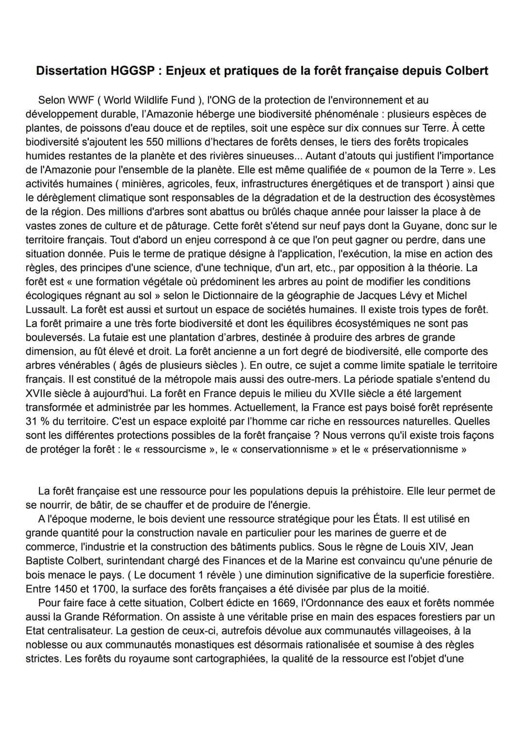 Dissertation HGGSP: Enjeux et pratiques de la forêt française depuis Colbert
Selon WWF (World Wildlife Fund ), l'ONG de la protection de l'e