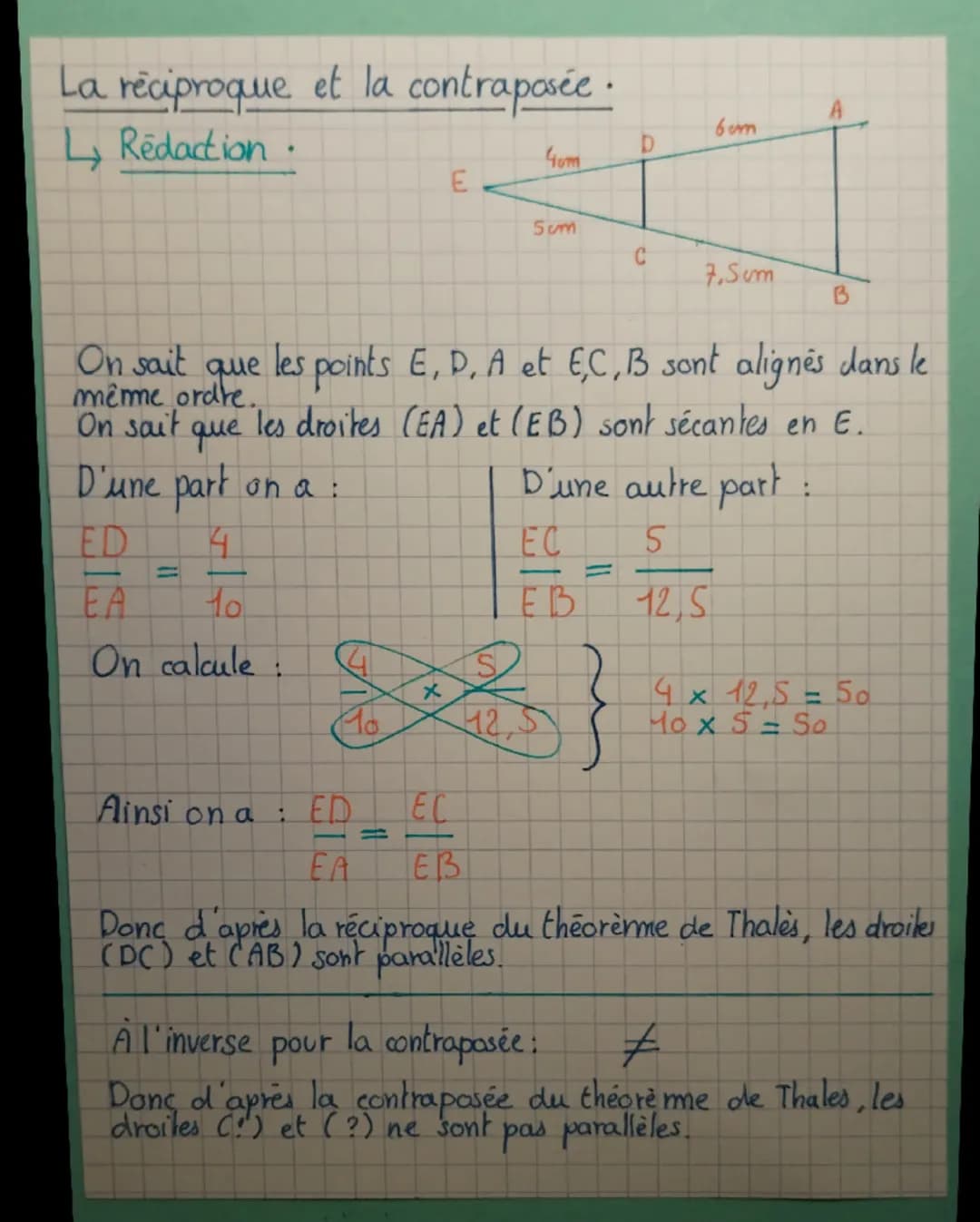 Le Théorème de Thales
Le théorème.
Rédaction.
A
2cm
n
0
1,80m
Sum
1,50m
B
F
Les points A,O,F et les points B, O. E sont alignés dans le
merm