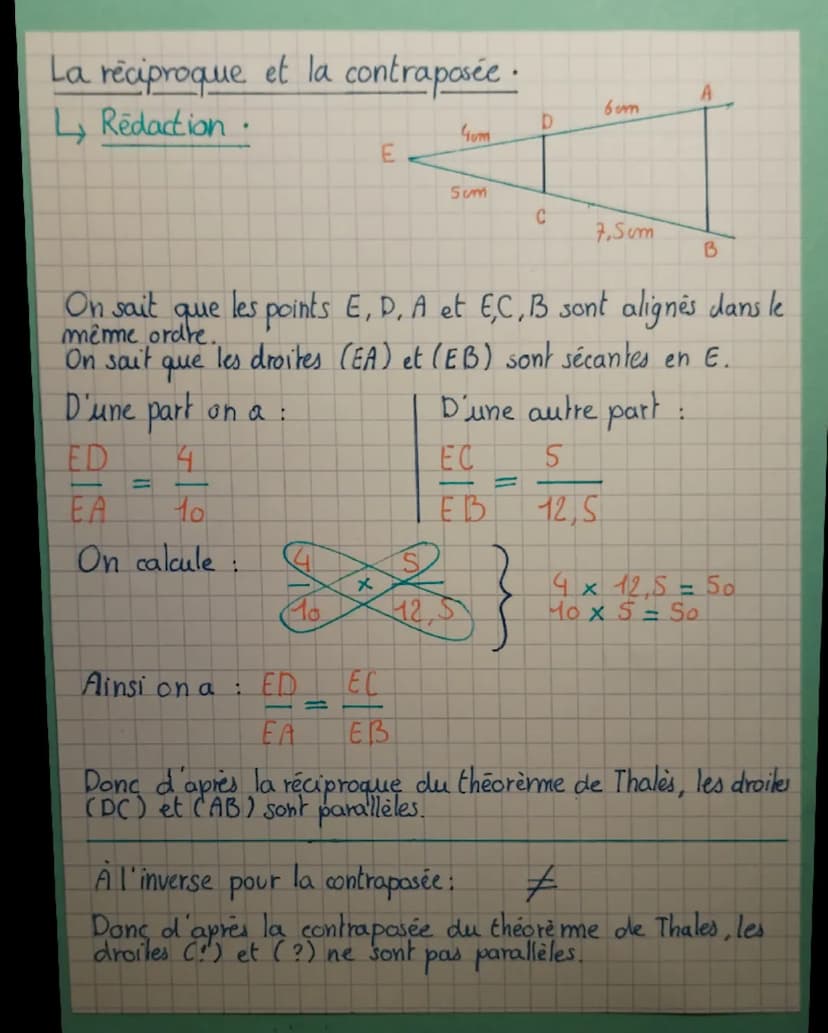 Le Théorème de Thales
Le théorème.
Rédaction.
A
2cm
n
0
1,80m
Sum
1,50m
B
F
Les points A,O,F et les points B, O. E sont alignés dans le
merm