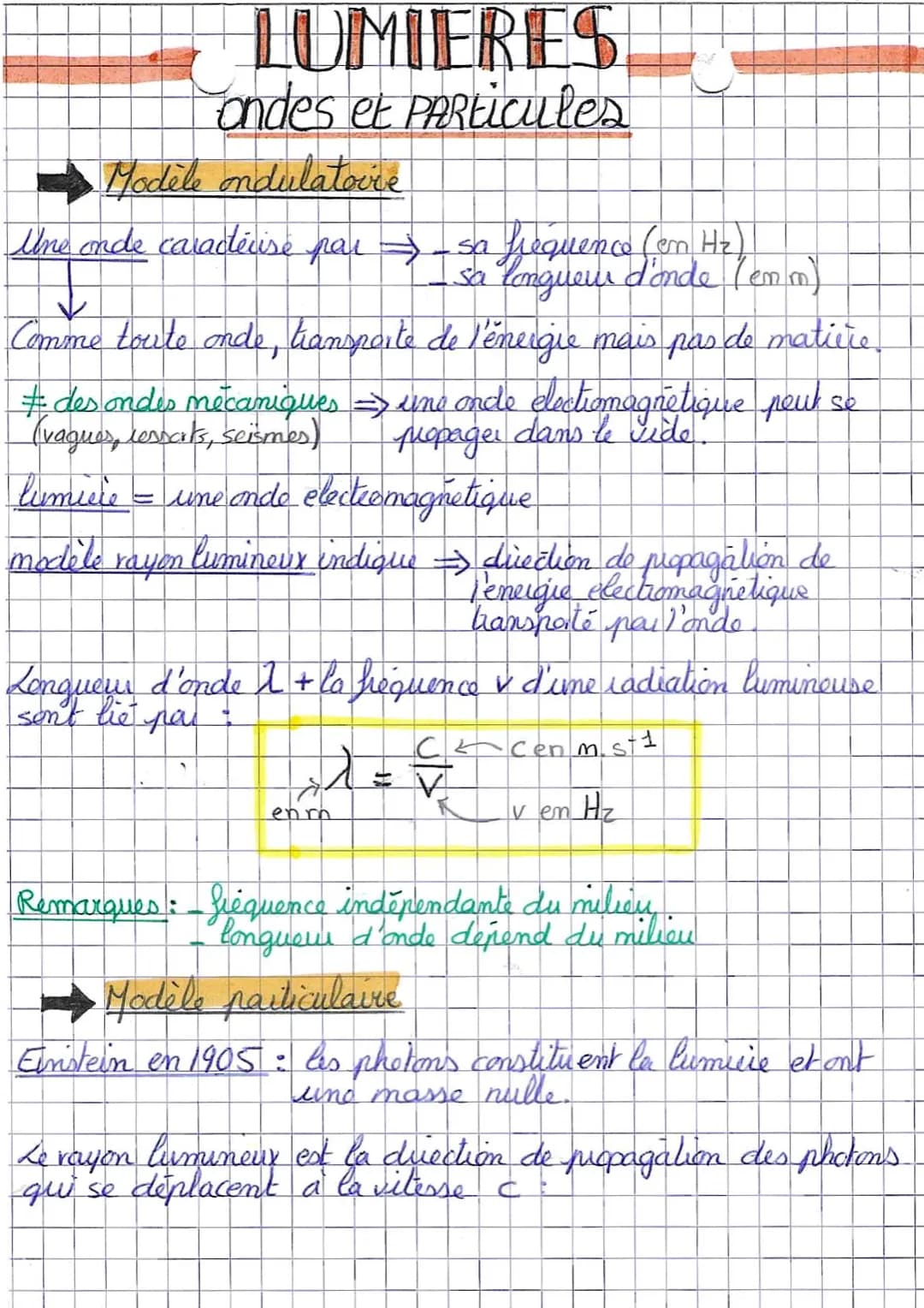 LUMIERES
ondes et PARticules
Modele ondulatovce
Une onde caracéuse paisa fiequence (em Hz)
sa longueur d'onde (em m)
✓
Comme toute onde, tra