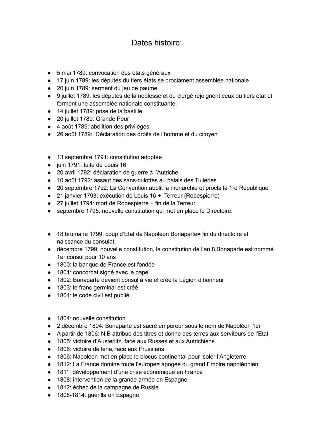●
●
●
●
●
●
Dates histoire:
●
5 mai 1789: convocation des états généraux
17 juin 1789: les députés du tiers états se proclament assemblée na