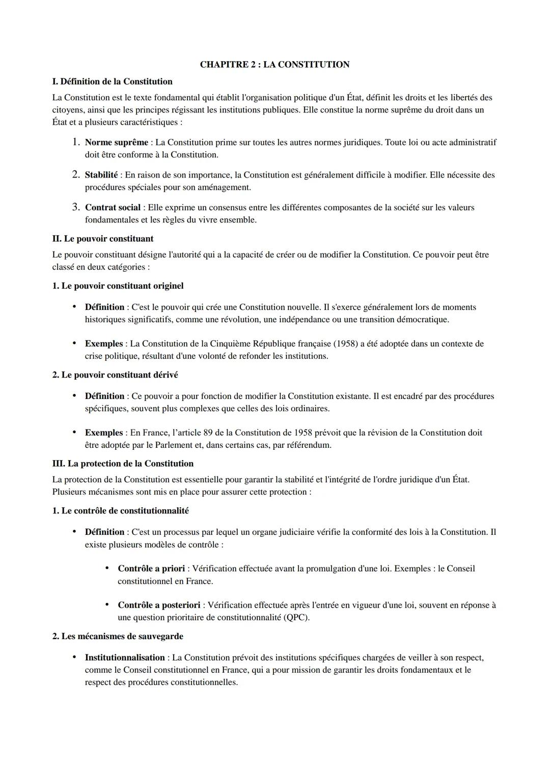CHAPITRE 2: LA CONSTITUTION
I. Définition de la Constitution
La Constitution est le texte fondamental qui établit l'organisation politique d