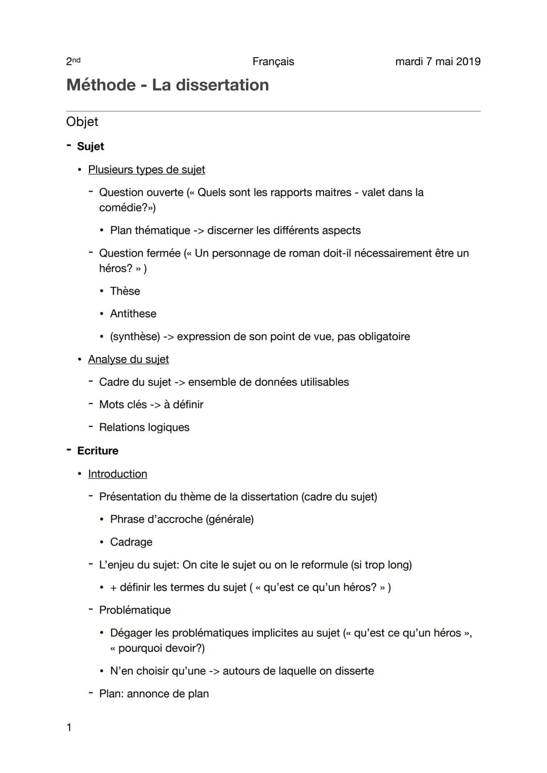 2nd
Méthode - La dissertation
Objet
1
Sujet
●
Français
Plusieurs types de sujet
Question ouverte (« Quels sont les rapports maitres - valet 