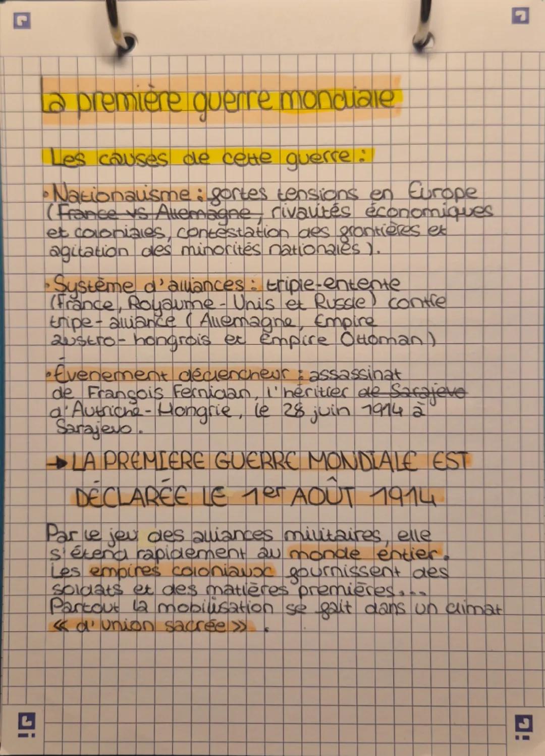 # La première guerre mondiale

Les causes de cette guerre:
*   Nationausme: gortes tensions en Europe
(France vs Allemagne, rivautés économi