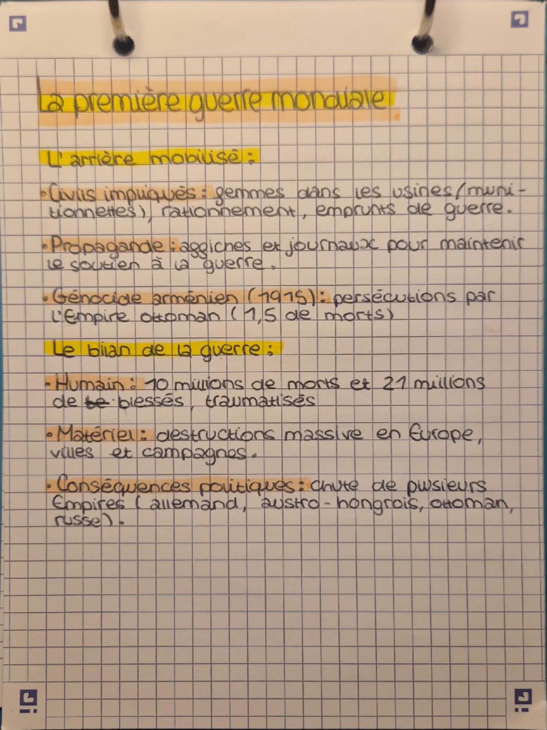 # La première guerre mondiale

Les causes de cette guerre:
*   Nationausme: gortes tensions en Europe
(France vs Allemagne, rivautés économi