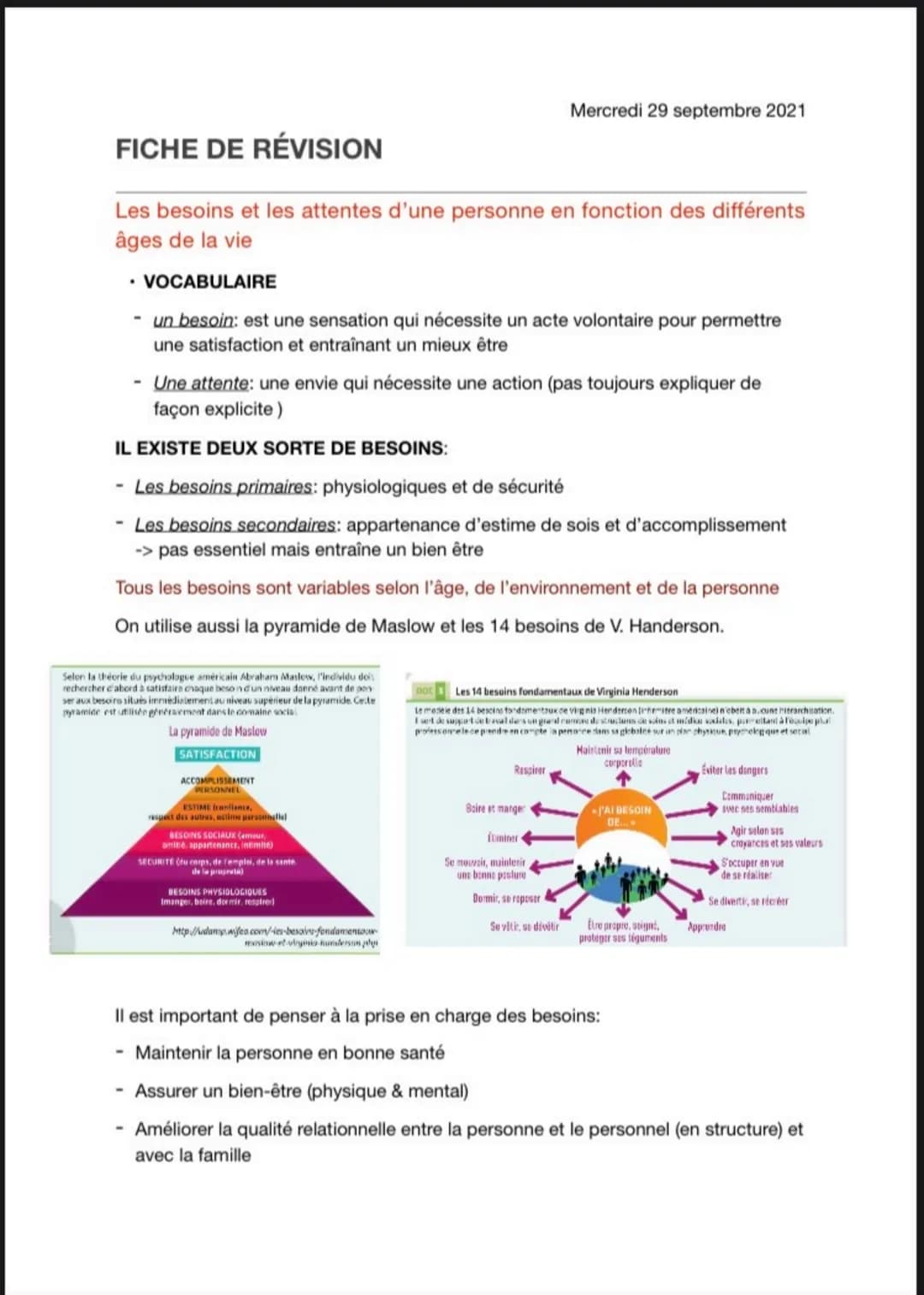FICHE DE RÉVISION
Les besoins et les attentes d'une personne en fonction des différents
âges de la vie
• VOCABULAIRE
- un besoin: est une se
