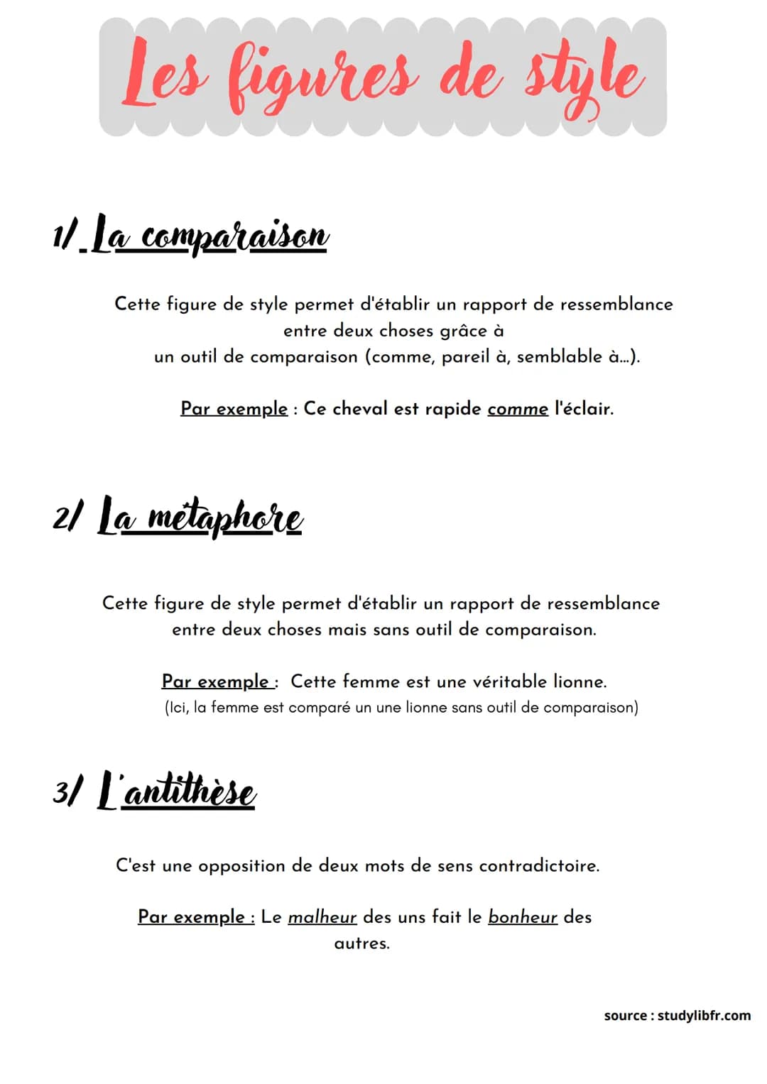 Les figures de style
1/. La comparaison
Cette figure de style permet d'établir un rapport de ressemblance
entre deux choses grâce à
un outil