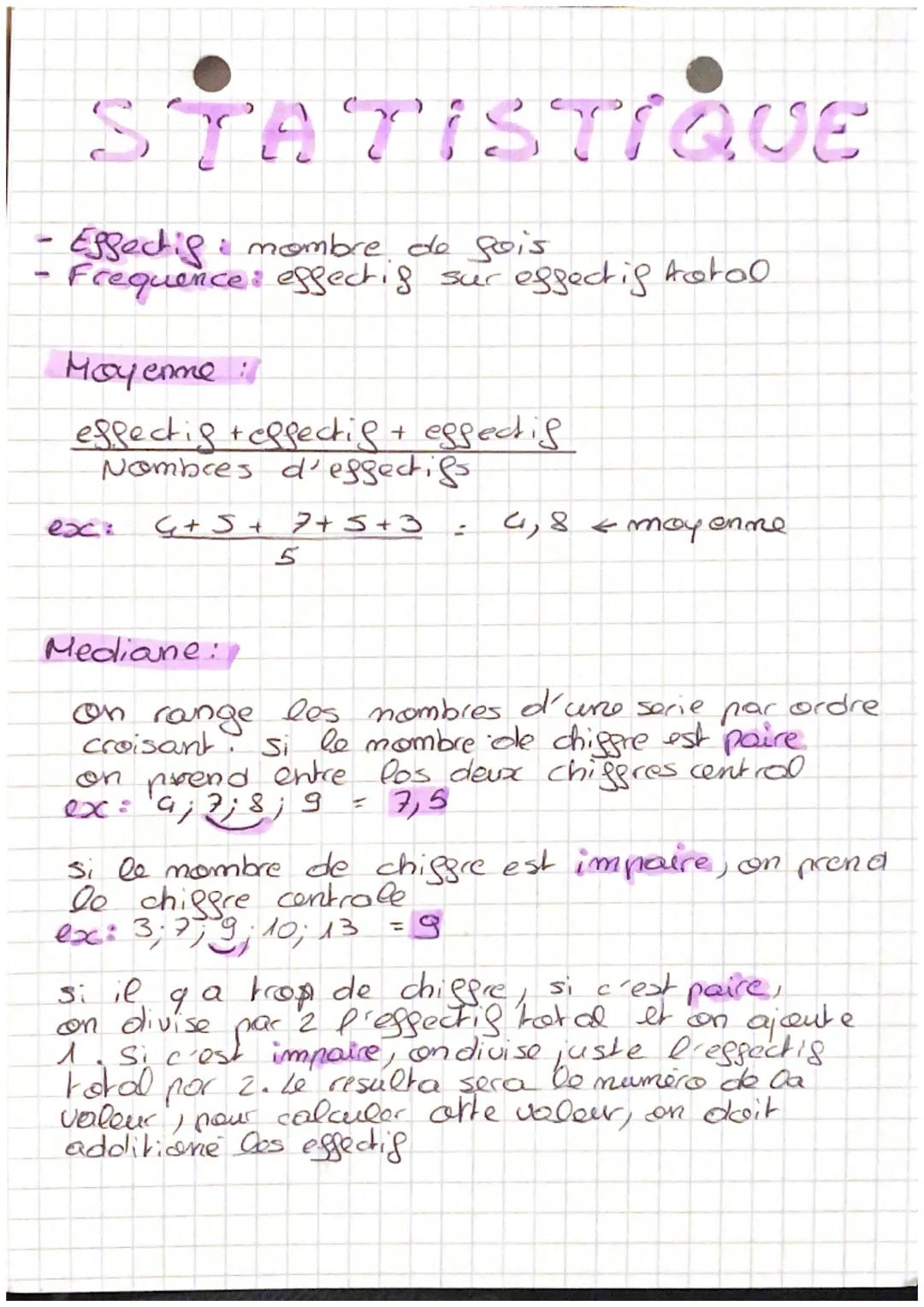 1
STATISTIQUE
Effectif: mombre de sois
Frequence: effectif sur effectig total
Moyenne :
effectig telfectig + espectif
Nombres d'effectifs
G+