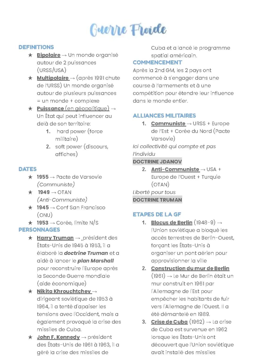Fiche de Révision Guerre Froide Terminale et 3ème PDF - Résumé Bac Pro
