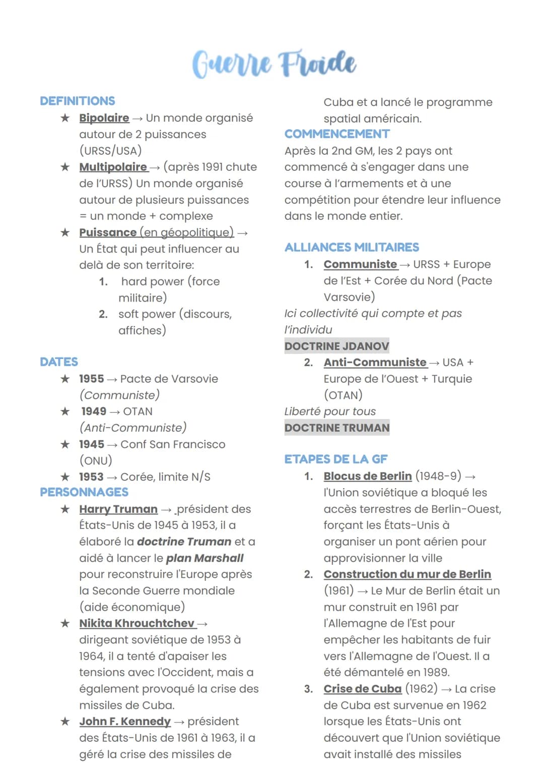 DEFINITIONS
Guerre Froide
★Bipolaire → Un monde organisé
autour de 2 puissances
(URSS/USA)
★ Multipolaire (après 1991 chute
de l'URSS) Un mo