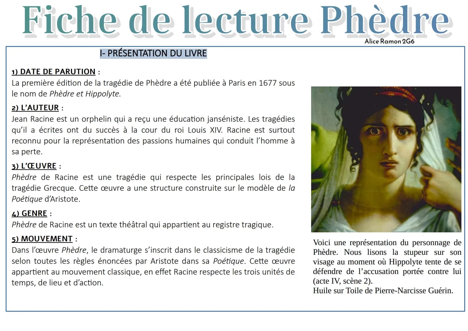 Fiche de lecture Phèdre
1) DATE DE PARUTION:
I- PRÉSENTATION DU LIVRE
La première édition de la tragédie de Phèdre a été publiée à Paris en 