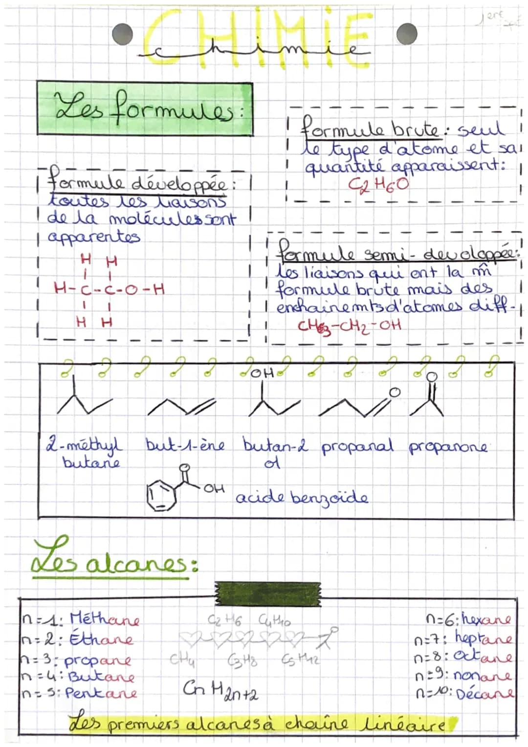 Les formules:
1 formule développée:
toutes les liaisons
I de la molécules sont
1 apparentes
T
HH
1
H-C-C-O-H
1
HH
ठ
ī
فنسند
овон
OH
Les alca