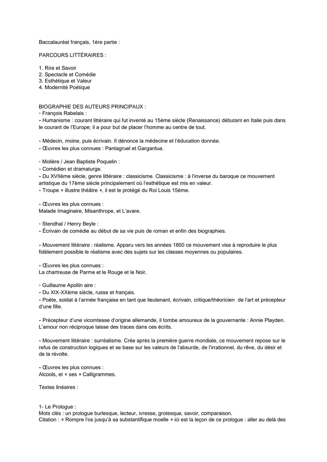 Baccalauréat français, 1ère partie :
PARCOURS LITTÉRAIRES :
1. Rire et Savoir
2. Spectacle et Comédie
3. Esthétique et Valeur
4. Modernité P