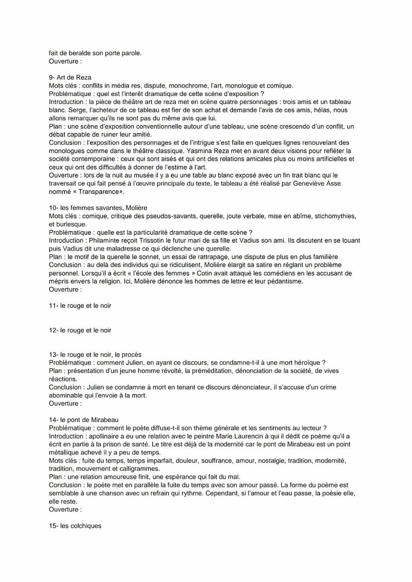 Baccalauréat français, 1ère partie :
PARCOURS LITTÉRAIRES :
1. Rire et Savoir
2. Spectacle et Comédie
3. Esthétique et Valeur
4. Modernité P