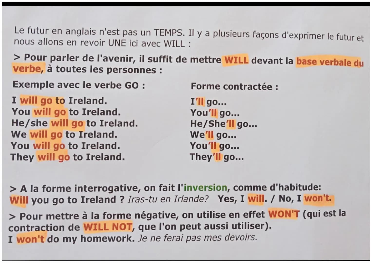 Le futur en anglais n'est pas un TEMPS. Il y a plusieurs façons d'exprimer le futur et
nous allons en revoir UNE ici avec WILL :
> Pour parl