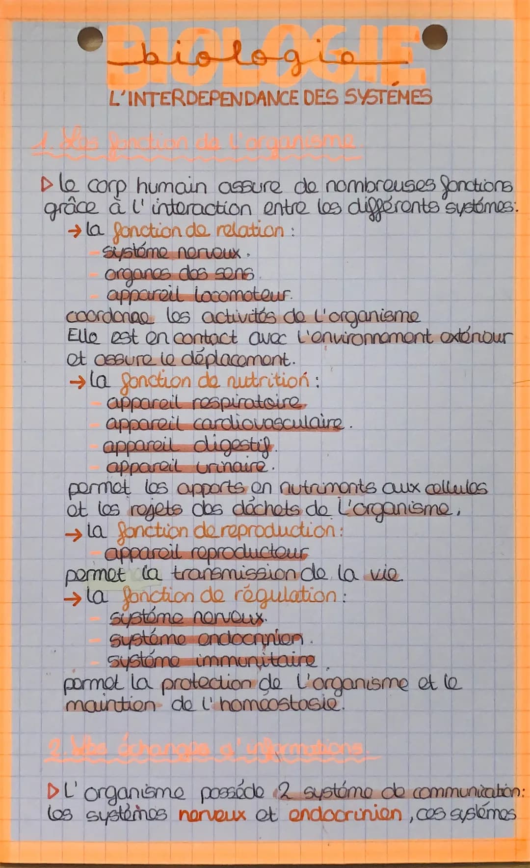 biologia
L'INTERDEPENDANCE DES SYSTEMES
▷ le corp humain assure de nombreuses fonctions
grâce à l'interaction entre les différents systémes: