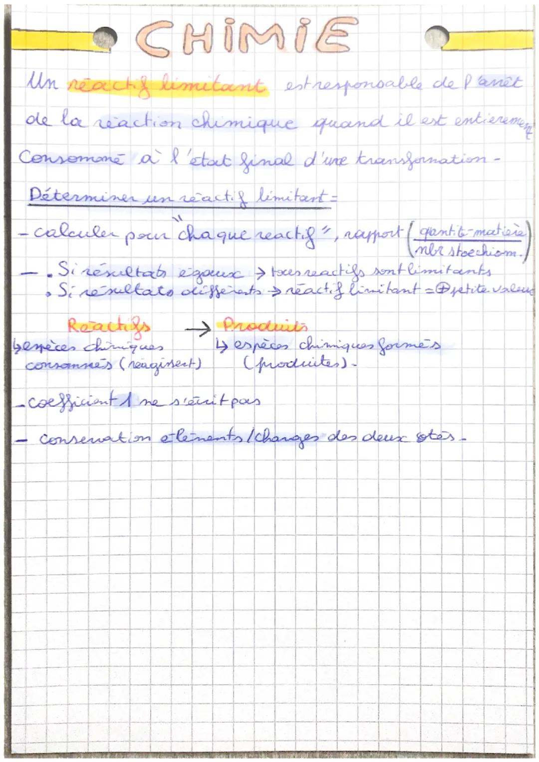 # CHIMIE

Un reachy limitant est responsable de l'anet
de la reaction chimique quand il est entieremen
Consomané à l'état final d'une transf