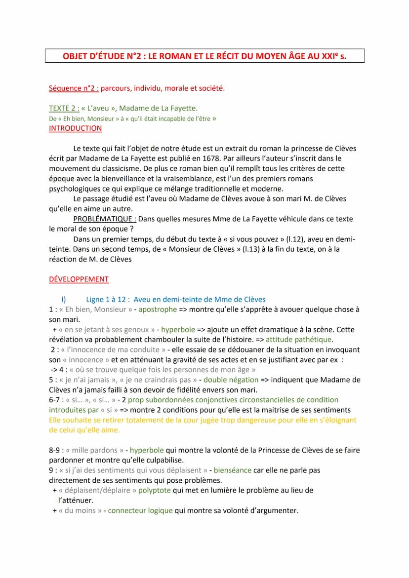 Texte 2: L'aveu
<< Eh bien, Monsieur, lui répondit-elle en se jetant à ses genoux, je vais vous faire un
aveu que l'on n'a jamais fait à son