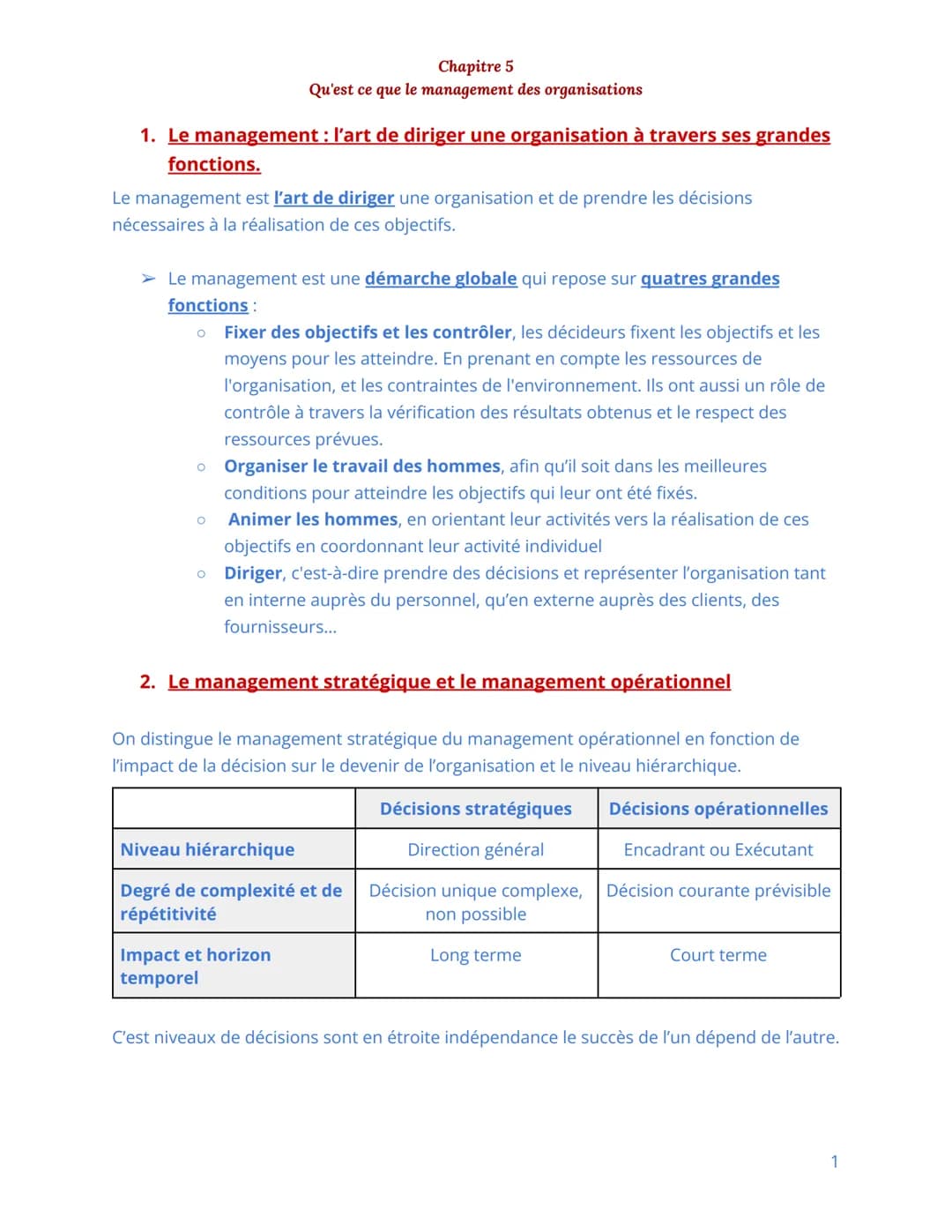 Chapitre 5
Qu'est ce que le management des organisations
1. Le management : l'art de diriger une organisation à travers ses grandes
fonction