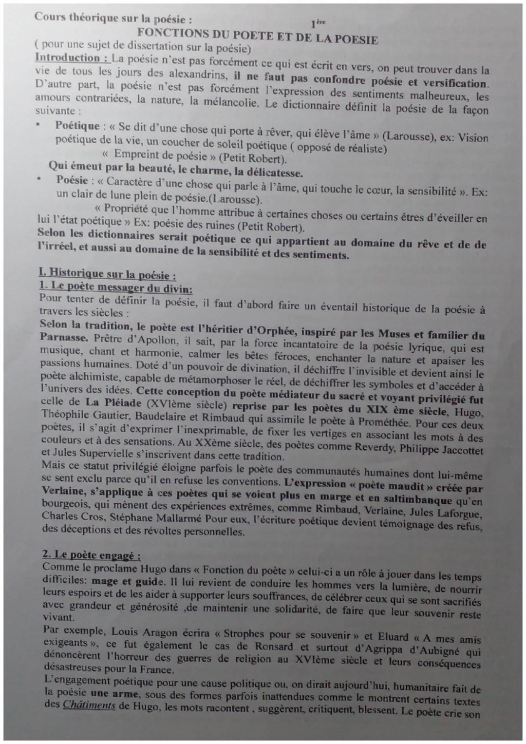 Cours théorique sur la poésie :
1ère
FONCTIONS DU POETE ET DE LA POESIE
(pour une sujet de dissertation sur la poésie)
Introduction : La poé