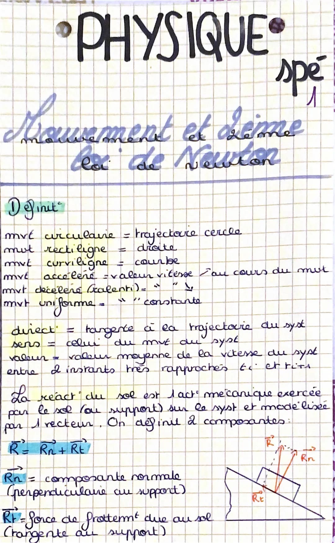 PHYSIQUE
spe
Nauwarment et deme
de Newton
Definit
mvt wiculaire - trajectore cercle
mut rectiligne
droite
=
mvt curviligne
curviligne = cour
