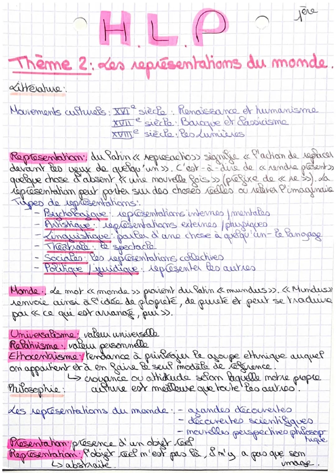 HLP
Thème 2: Les représentations du monde.
Litterature:
Mouvements culturels: XVI° siècle. Renaissance et humanisme
XVIIe siècle. Baroque et