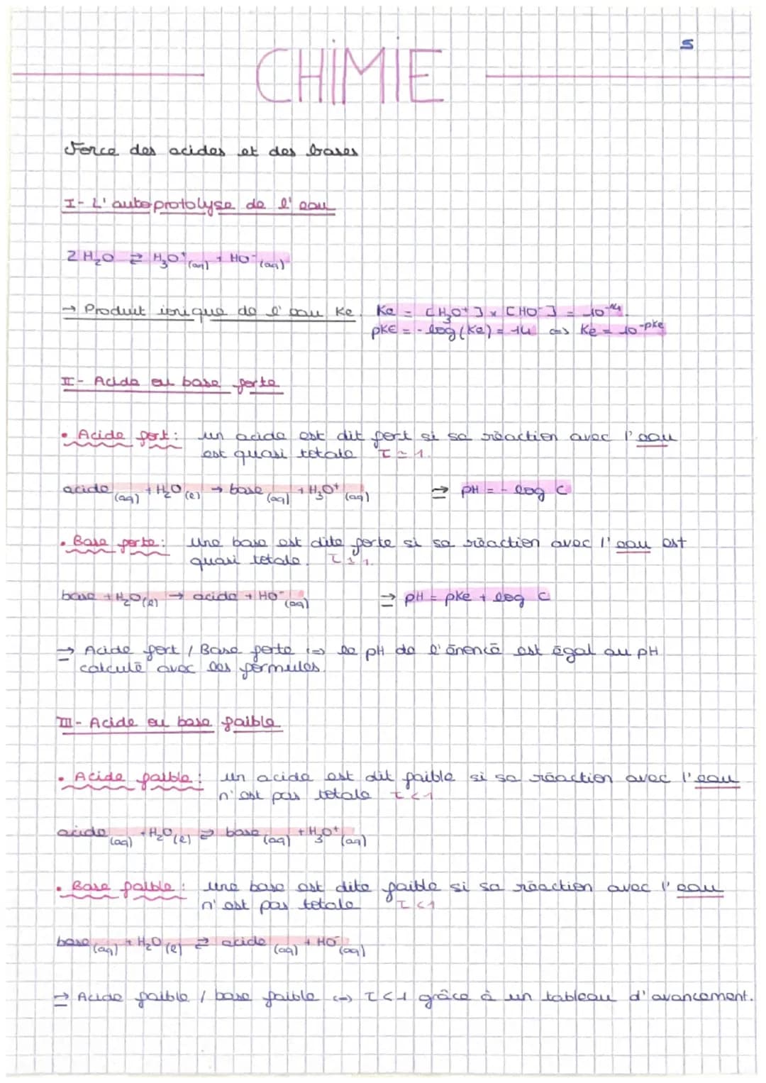 CHIMIE
Force des acides et des bases.
I- L'aute protolyse de l'eau
HO
(ag)
- Product ionique do è cau ke
Ka = CHOCHO
-PKE = -log (ke) = th
1