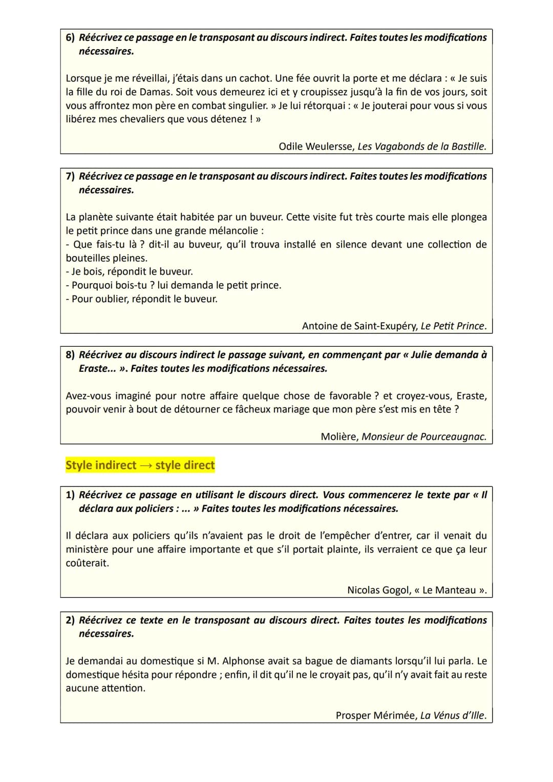 * Objectif brevet Réécriture: style direct style indirect
Exercices et corrigés
Exercices
Style direct
→ style indirect
1) Réécrivez ce pass