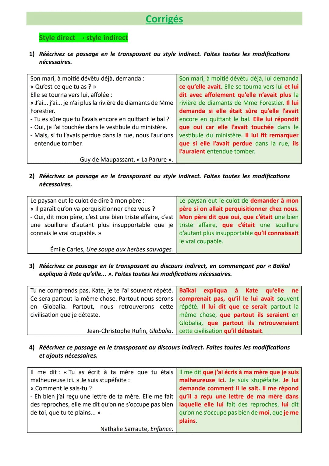 * Objectif brevet Réécriture: style direct style indirect
Exercices et corrigés
Exercices
Style direct
→ style indirect
1) Réécrivez ce pass