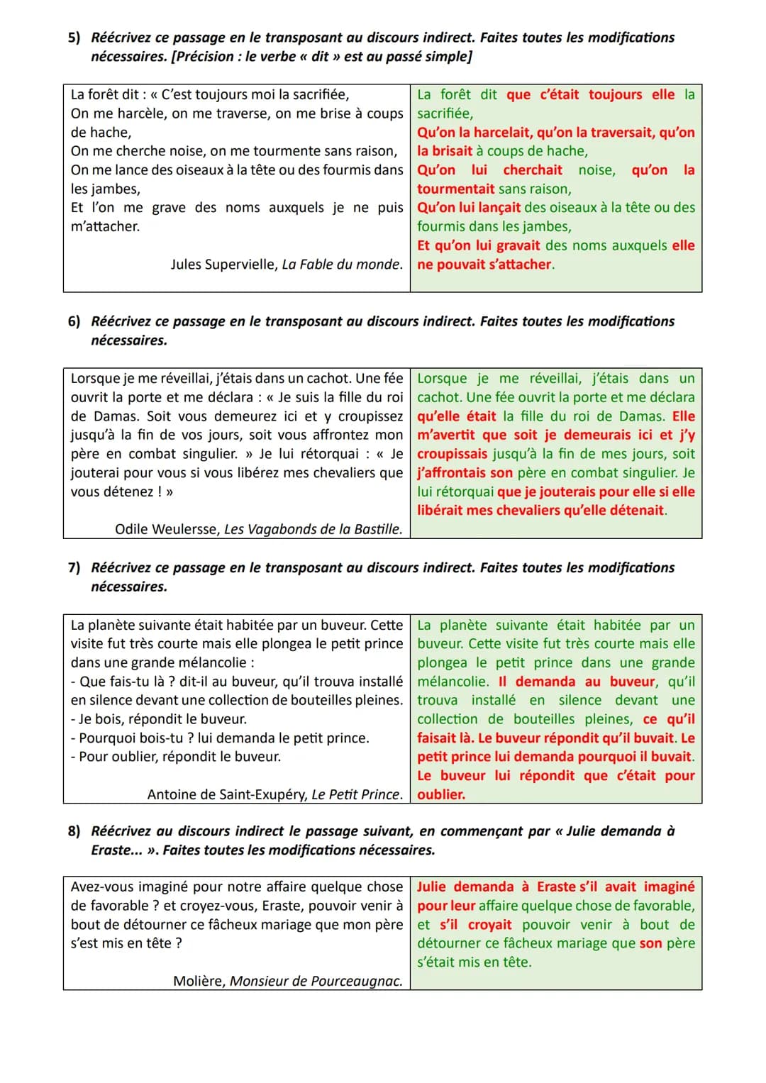 * Objectif brevet Réécriture: style direct style indirect
Exercices et corrigés
Exercices
Style direct
→ style indirect
1) Réécrivez ce pass