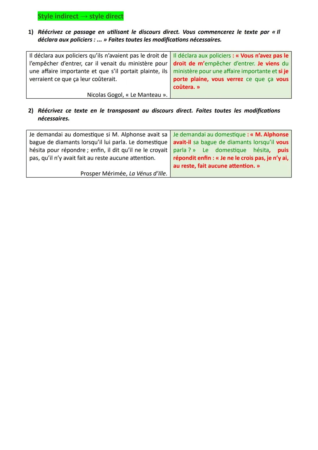 * Objectif brevet Réécriture: style direct style indirect
Exercices et corrigés
Exercices
Style direct
→ style indirect
1) Réécrivez ce pass