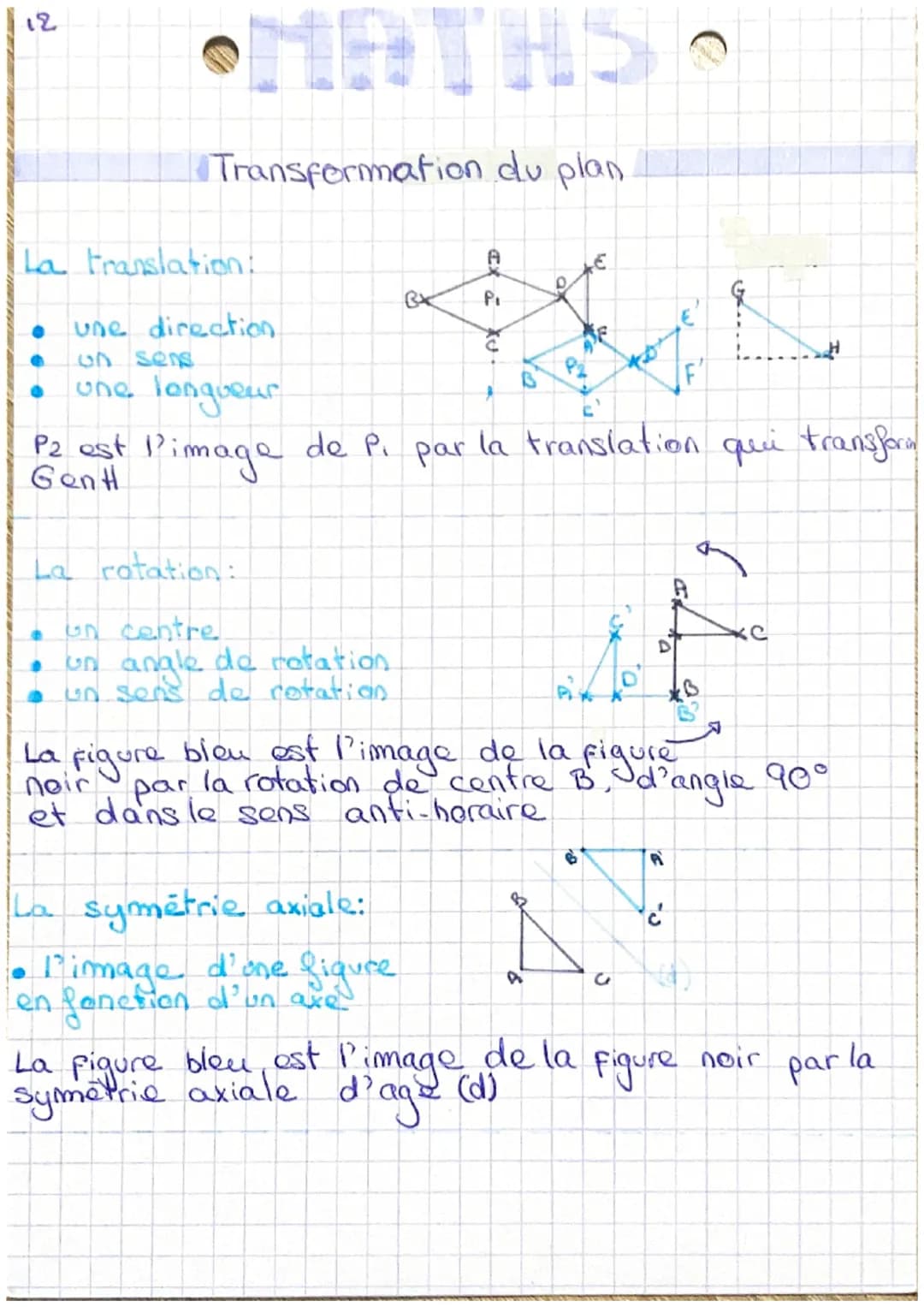 12
Transformation du plan
La translation:
une direction
un sens
une longueur
Pimage
P2 est
Gent
L
de P₁ par la translation qui transformn
La