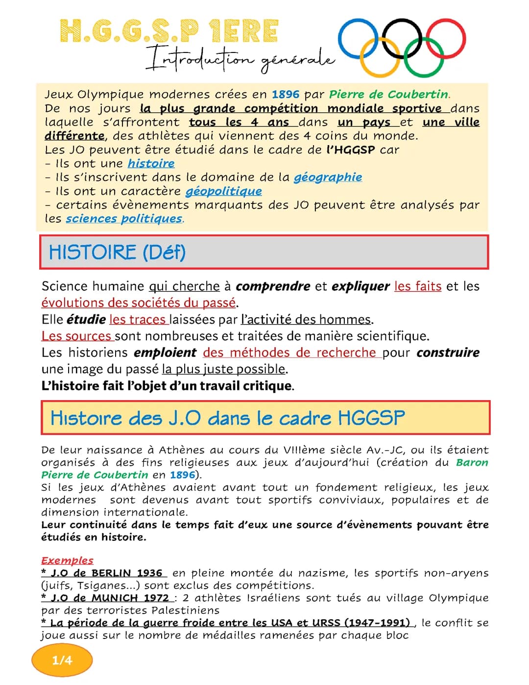 HGGSP 1ere Intro Générale Jeux Olympiques