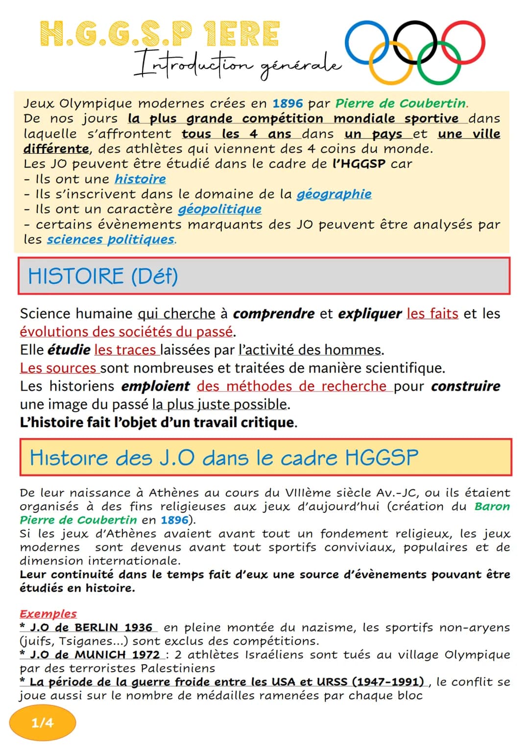 H.G.G.S.P 1ERE
Introduction générale
о
Jeux Olympique modernes crées en 1896 par Pierre de Coubertin.
De nos jours la plus grande compétitio