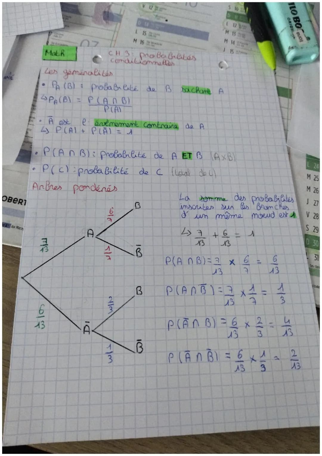 OBER1
Air Marse
。
SPA(B)
Math
Les géménalités
PA (B): probabilité
= P(ANB)
PIAL
Mi
07
큼
los
43
• A est
e évènement contraire de A
4 P(AL+ PL