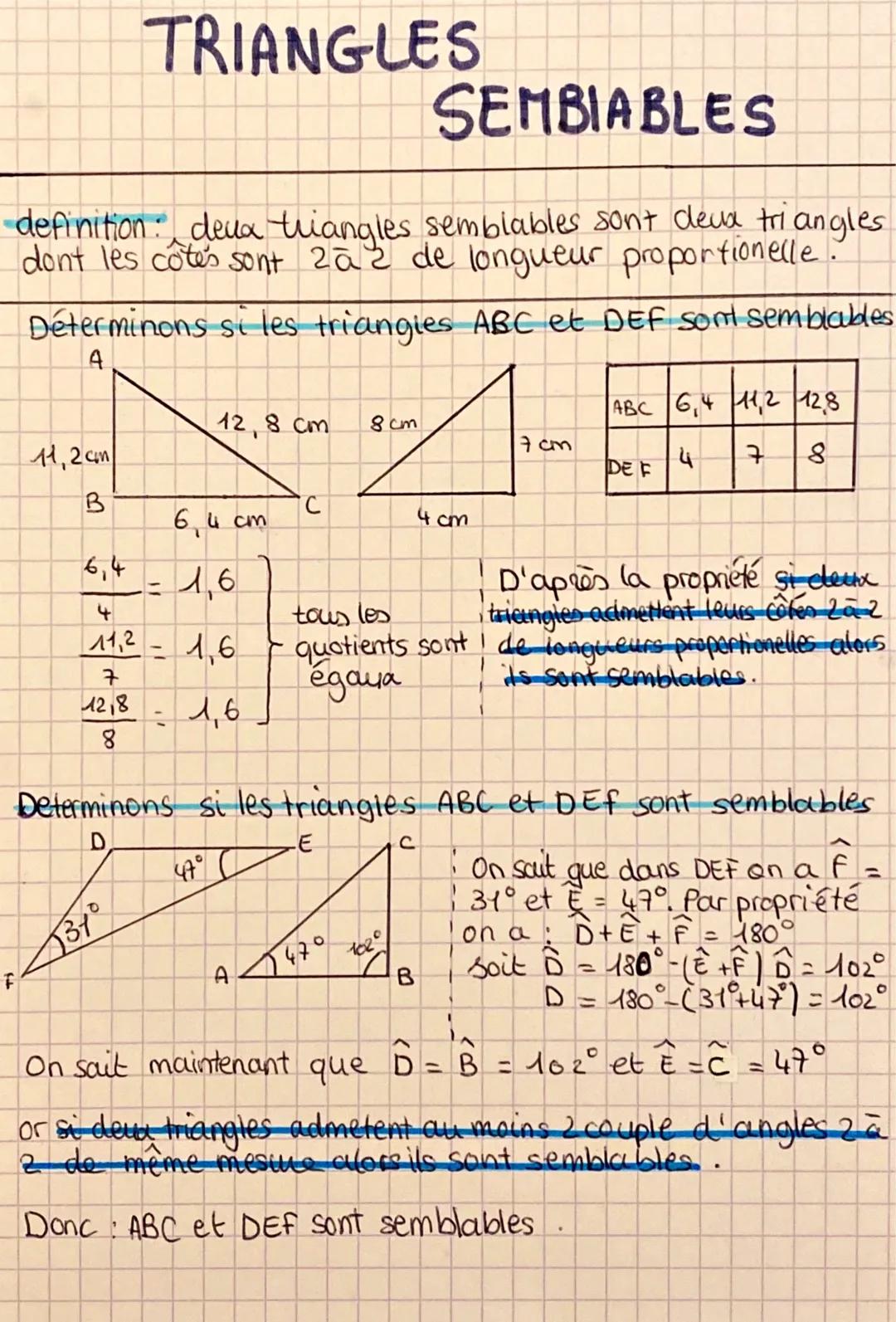 # TRIANGLES

# SEMBIABLES

definition: deva triangles semblables sont deva triangles
dont les côtés sont za 2 de longueur proportionelle

Dé