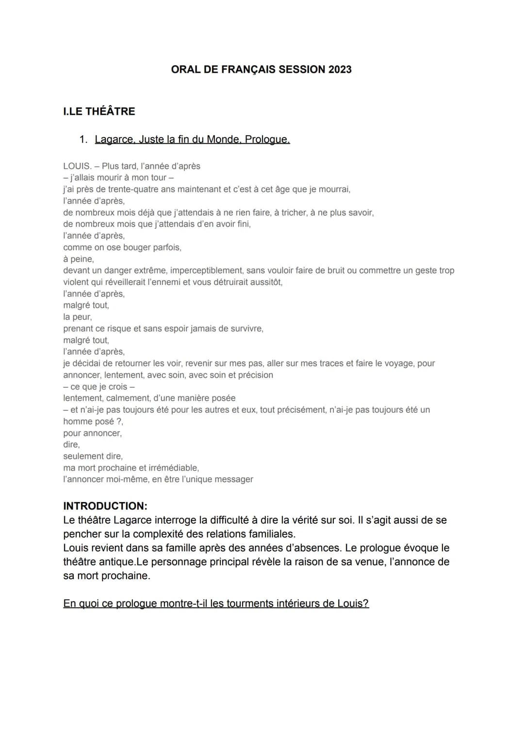 I.LE THÉÂTRE
ORAL DE FRANÇAIS SESSION 2023
1. Lagarce, Juste la fin du Monde, Prologue.
LOUIS. - Plus tard, l'année d'après
- j'allais mouri