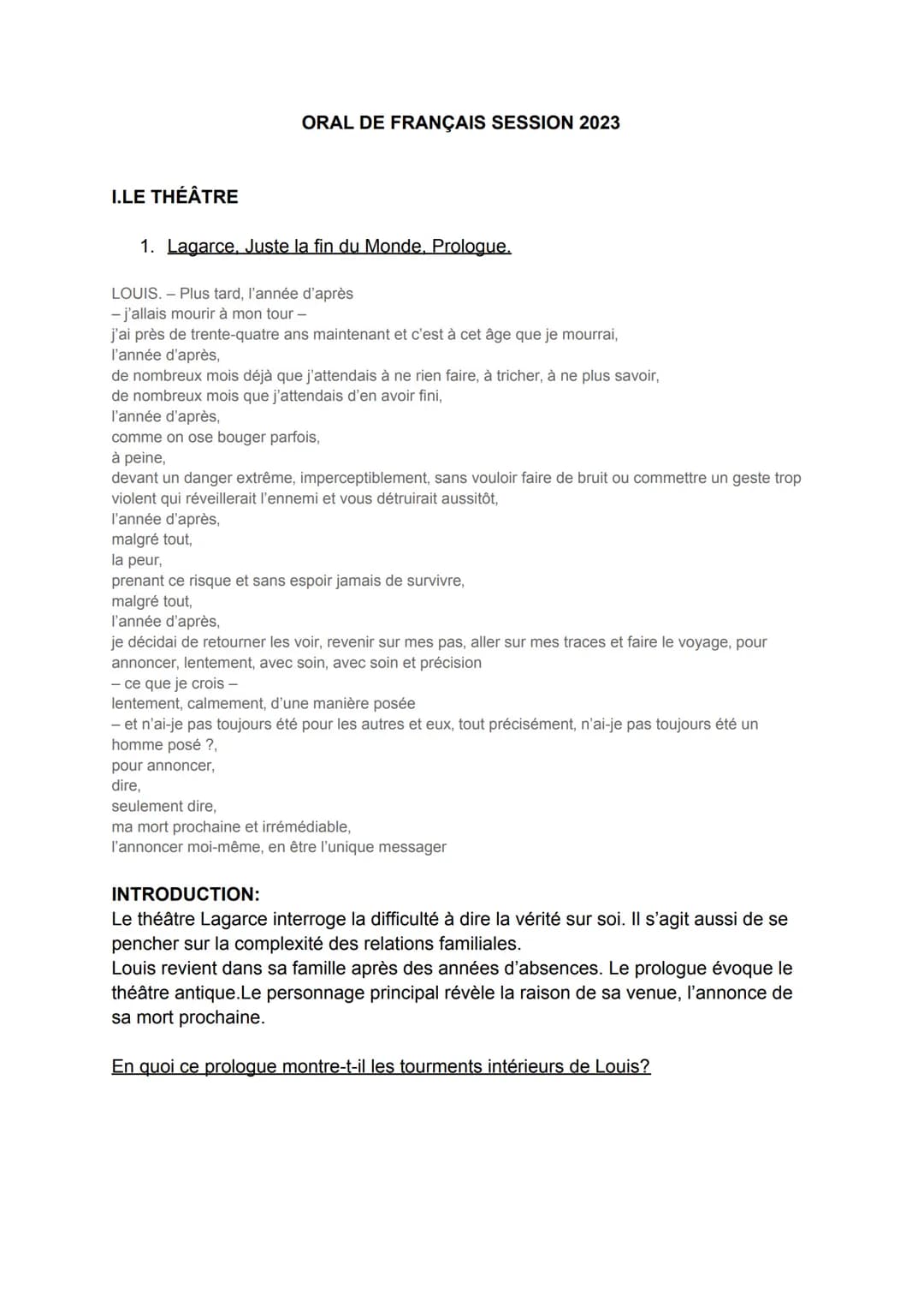 I.LE THÉÂTRE
ORAL DE FRANÇAIS SESSION 2023
1. Lagarce, Juste la fin du Monde, Prologue.
LOUIS. - Plus tard, l'année d'après
- j'allais mouri