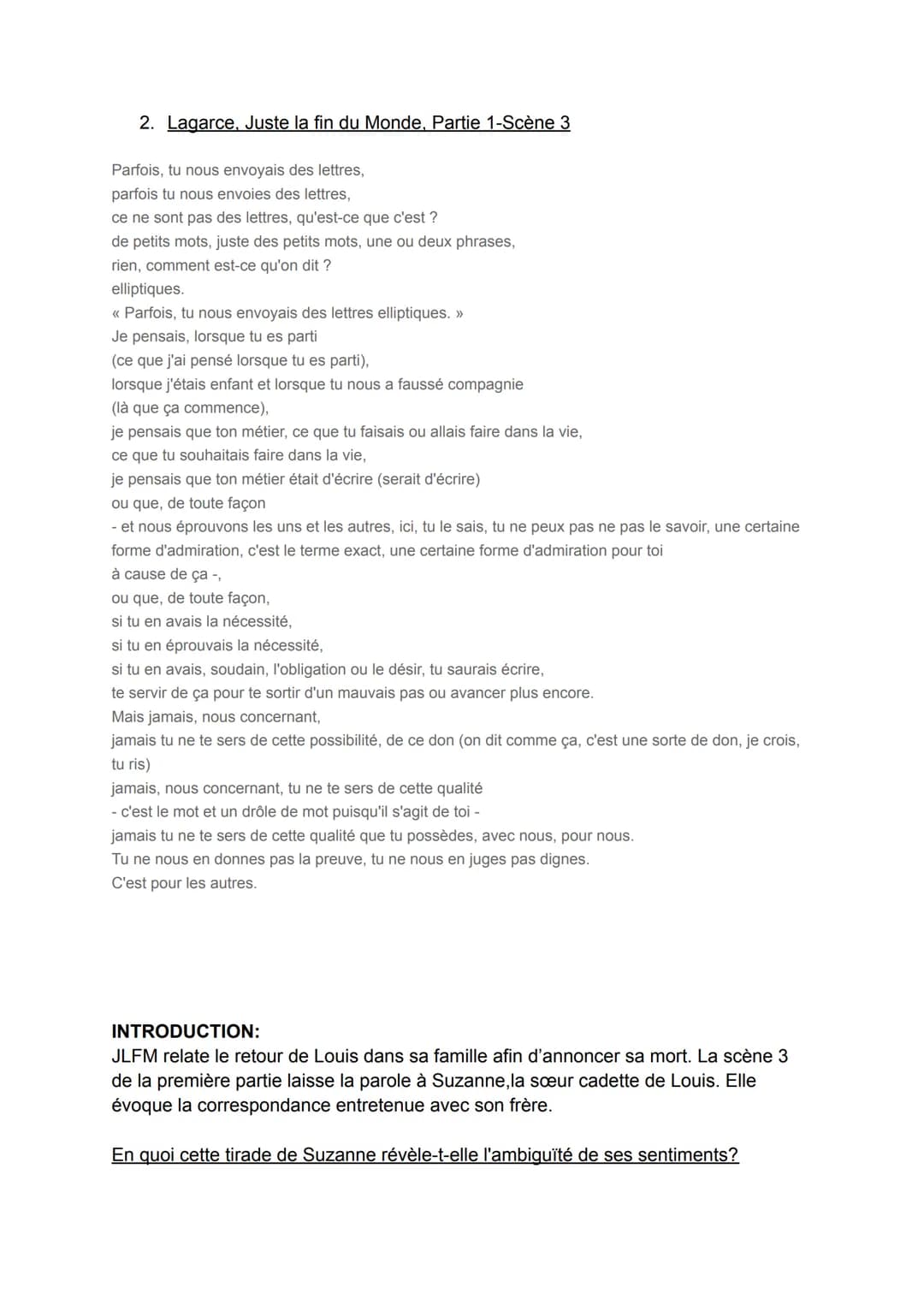 I.LE THÉÂTRE
ORAL DE FRANÇAIS SESSION 2023
1. Lagarce, Juste la fin du Monde, Prologue.
LOUIS. - Plus tard, l'année d'après
- j'allais mouri