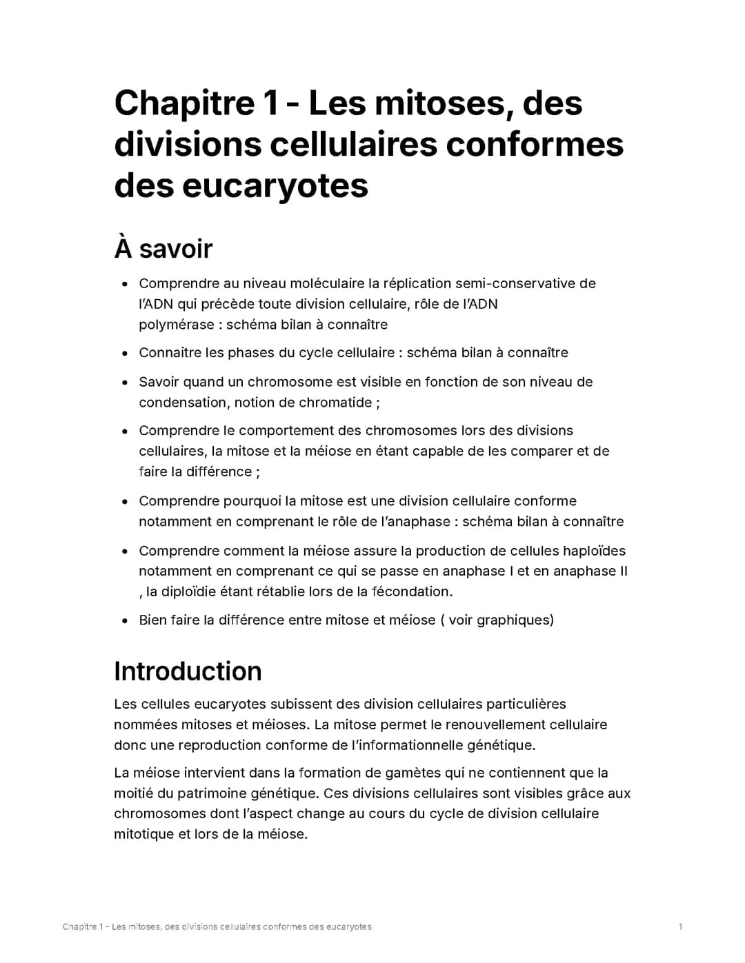 Chapitre 1 - Les mitoses, des divisions cellulaires conformes des eucaryotes